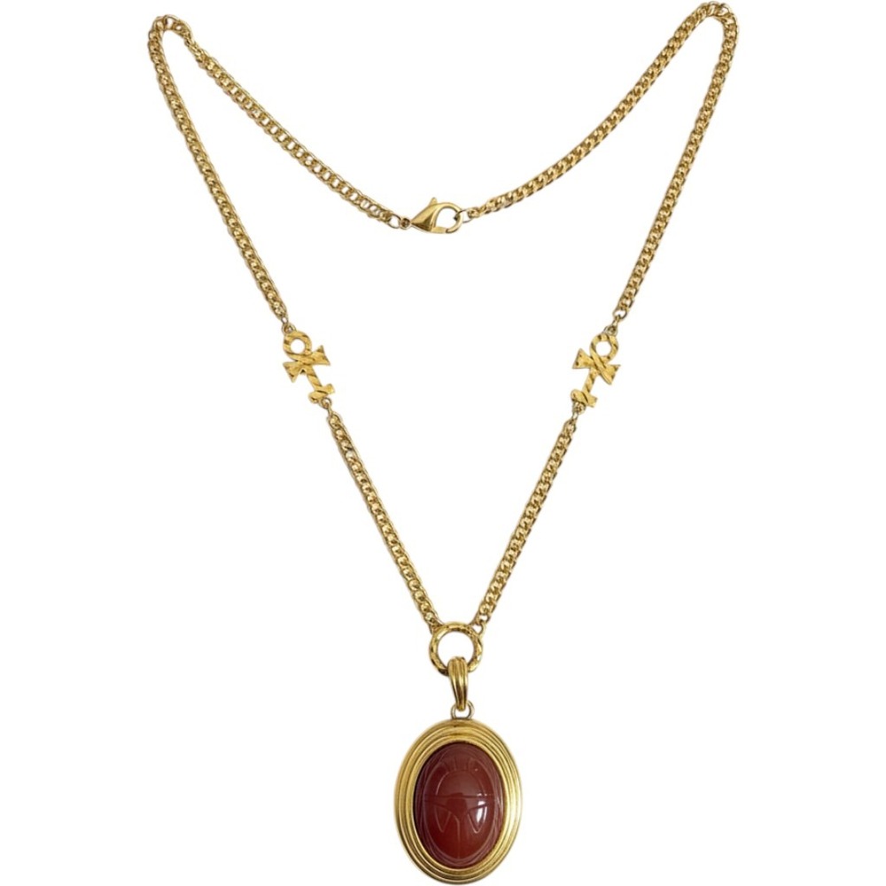 Vintage Egyptian Revival Scarab Pendant Necklace GoldTone Acrylic Ankh Statement